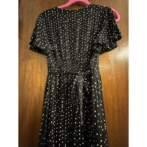 Patrons Of Peace Dress Large Faux Wrap Hi Lo Black Polka Dot Surplice Tie Back - Picture 9 of 9
